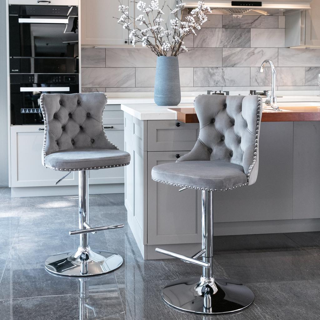 Swivel Velvet Barstools Adjustable Seat Height from 25-33 Inch, Chrome base Bar Stools with Backs Comfortable Tufted, Set of 2,DE1712GY,Gray