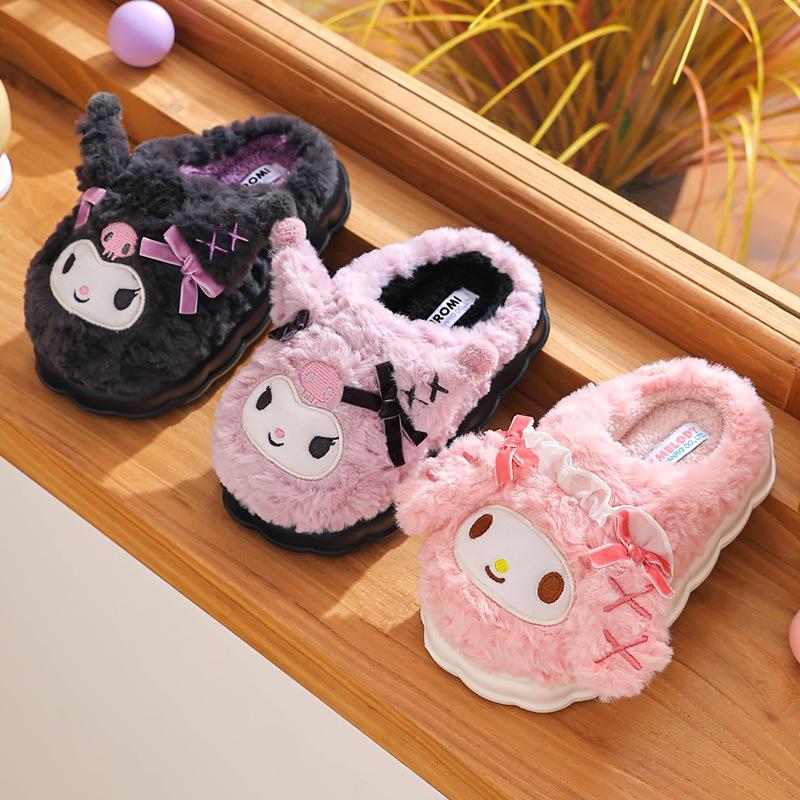 Sanrio Kuromi Plush Slippers for Girls: Cute, Cozy Cotton for Autumn/Winter, Indoor Parent-Child Matching