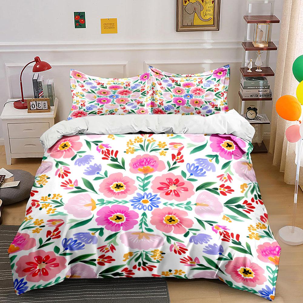 Floral Pattern Three-Piece Decor Set Bedding Set with 1 Duvet Cover 2 Pillowcases Single Double King Queen, Gift