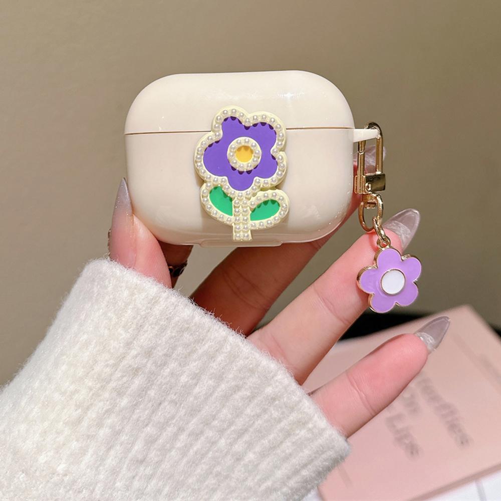 

For Apple AirPods 3 Case Pearl Flower TPU Protector Earphone Organizer Carrying Cover with Pendant Pink Green Flower