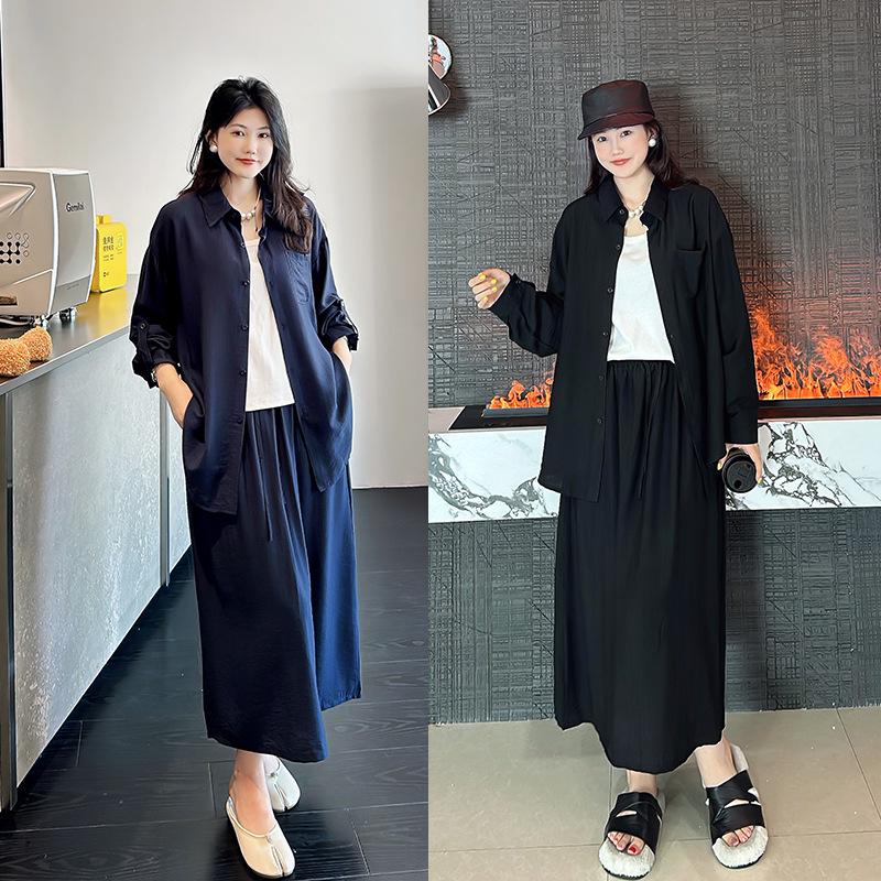 

Plus Size Autumn Fashion: Slimming Cami Top, Relaxed Fit Shirt, and High Waist Midi Skirt Set for Women 3XL (for 120-140 jin) чёрный