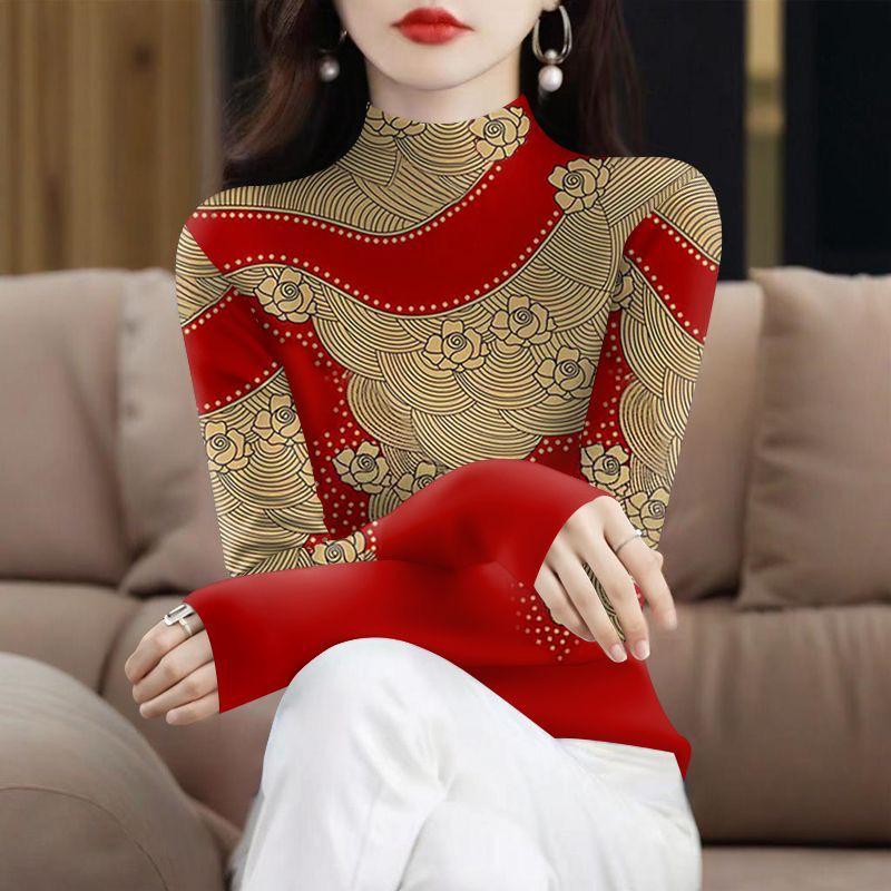 

Plus Velvet Thickened Long Sleeve High Collar Printed Top for Middle-aged & Elderly Women – Tummy Covering, Spring/Autumn Fashion M