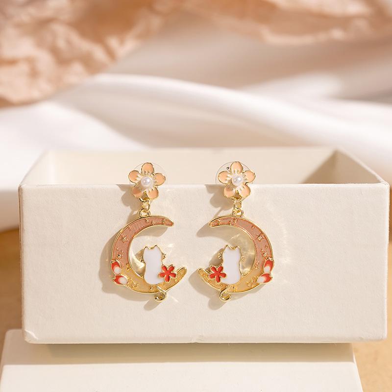 

Silver Needle Crescent Moon & Jade Rabbit Stud Earrings - Fun Cartoon Design, Trendy Simple Style, Colorblock Flower, Net Red Earrings for Women