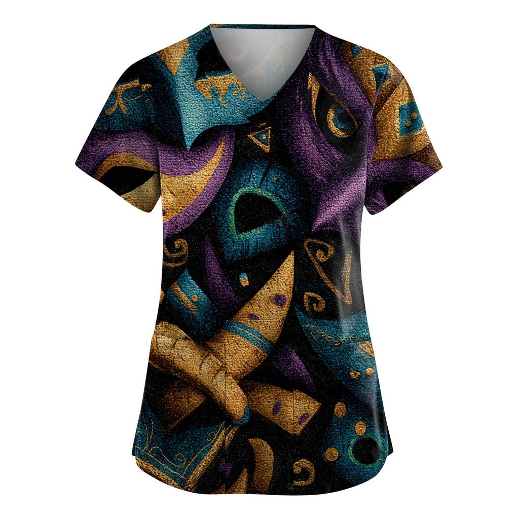 Women's Fashion V-Neck Short-Sleeved Workwear With Pockets Carnival Print Top Caregiver Uniform