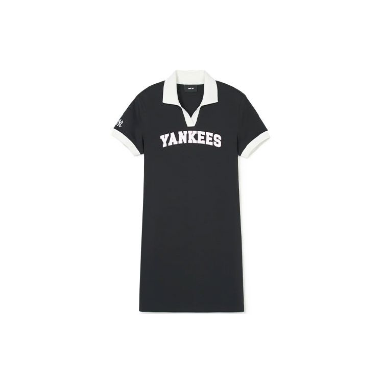 New York Yankees Farbblock Buchstabenprint Lässiges Polokragen Amerikanischer Vintage College-Stil Kurzarmkleid Damenkleider Schwarz 3FOPV0143-50BKS S white