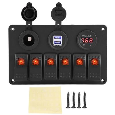 12V 24V 6 Gang Auto Loď LED Kolébkový Spínač Panel Duální USB Voltmetr Zásuvka Zapalovače Oranžová