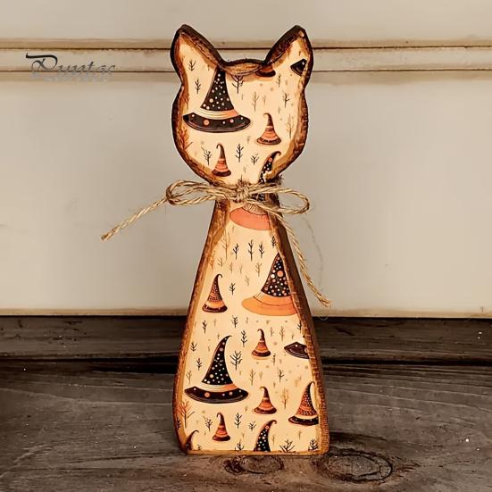 Rustic Wooden Cat Ornaments Ornament, Vintage Halloween/Flower Wood Tabletop Signs, Festive Party Table Centerpieces Distressed Animal Figurines