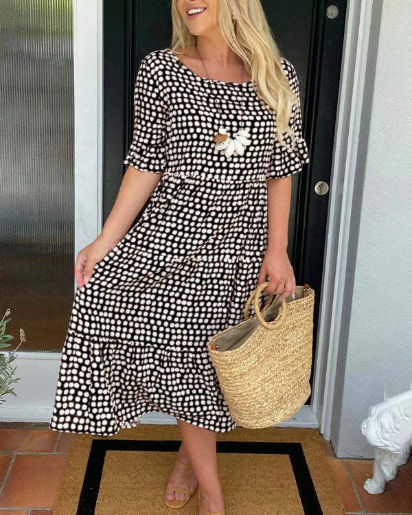 

Black and White Polka Dot Dress with Ruffled Sleeves and Floral Detail, Casual Summer Dress S чёрный