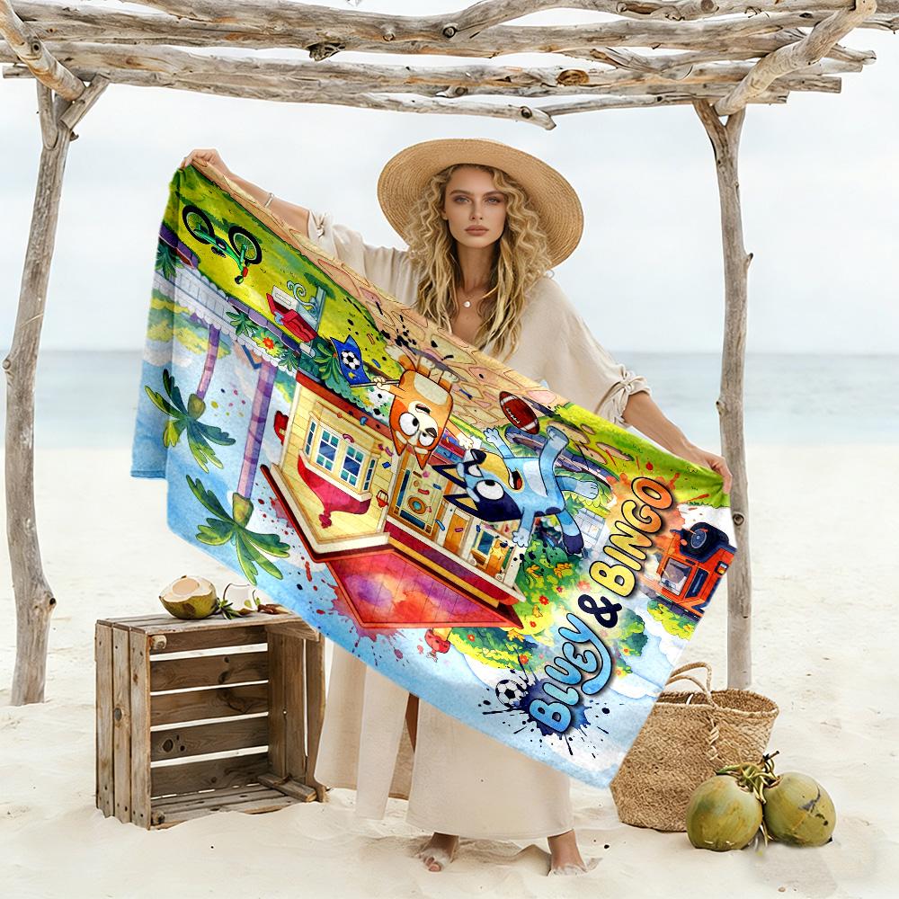 Bluey Soccer Adventure Customize Your Name Beach Towel Super Soft & Absorbent Perfect for Traveling Yoga Camping and Swimming