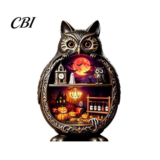 Vintage Wood Halloween Wooden Owl Tabletop Centerpiece, 2D Flat Pumpkin Ghost Bat Art Skeleton Standing Table Sign for Party, Shelf, Desk Decor Shelf