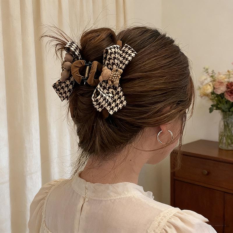 Sunflower Bear Bowknot Fabric Hair Clip: Stylish Houndstooth Rhinestone Clip for Women