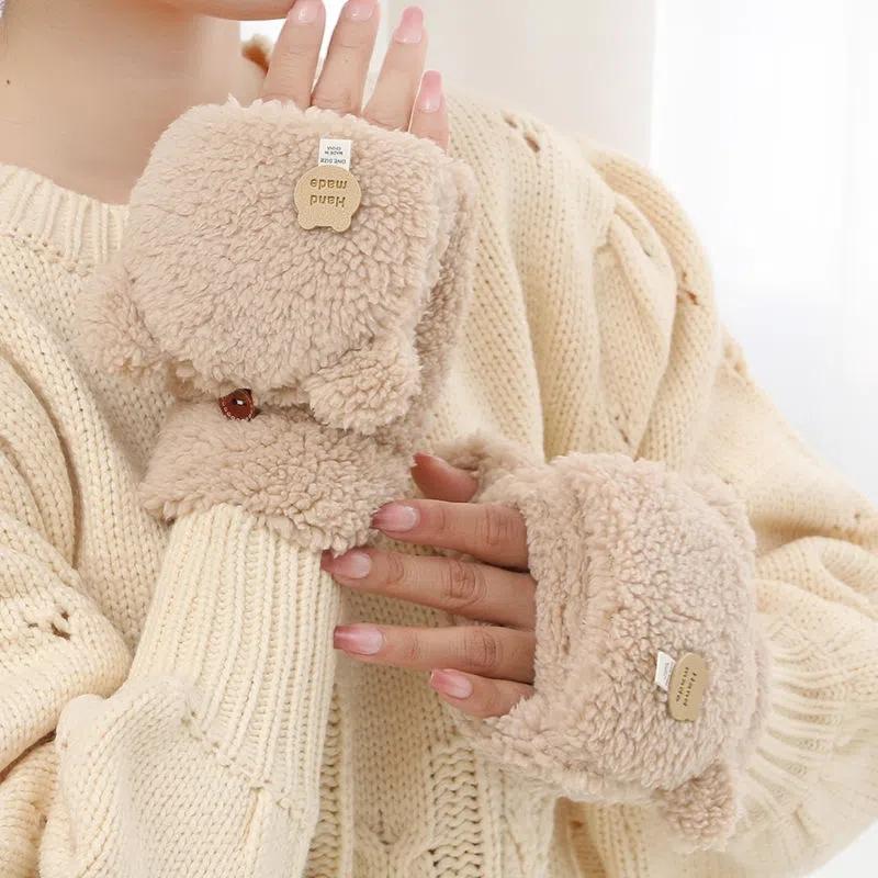 Women's Winter Warm Touch Screen Gloves Cute Cat Claw Sensory Fingerless Gloves Knitted Fluff Outdoor Flip Cover Gloves 1 Pair