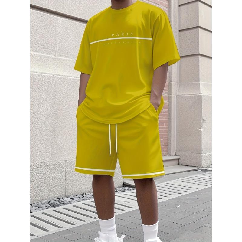 Sommer Einfarbiges T-Shirt und Shorts Set Buchstabendruck Kurzarm-Oberteil mit Kordelzug-Shorts Streetwear Herrenmode Sportbekleidung