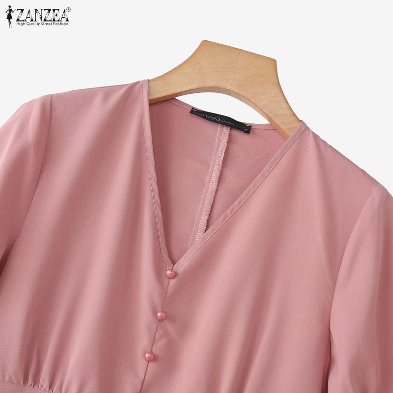 ZANZEA Women Elegant V-Neck Casual Solid Color Short Sleeve Dress