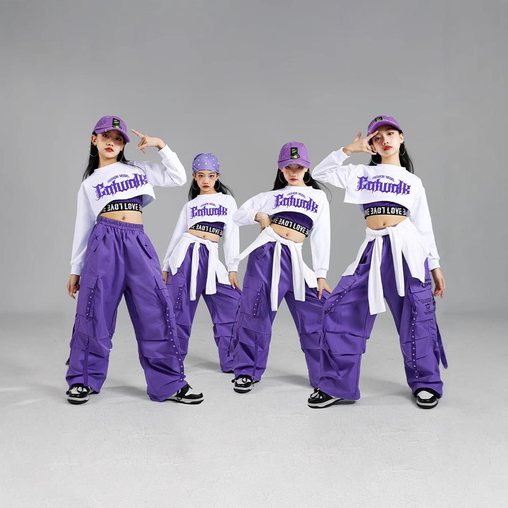 Hip Hop Mädchen K-Pop Crop Top Lila Cargohosen Kinder Street Dance Outfits Kinder Streetwear Gruppe Jazz Kleidung Sets