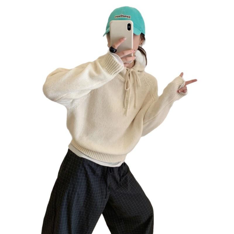 Womens 100% Wool Hooded Sweater Casual Korean Style Fall Winter Knit Top Loose Fit Solid Color