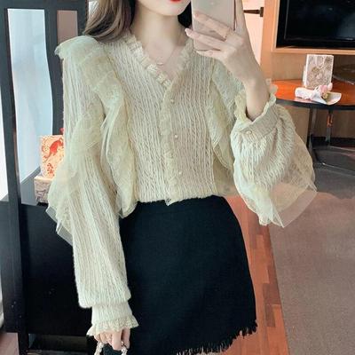 Casual V-ausschnitt Weiße Blusen und Tops Elegante Kleidung Herbst Rüschen Hohl Bluse Koreanische Langarm Spitze Shirts Frauen Kleidung 29520