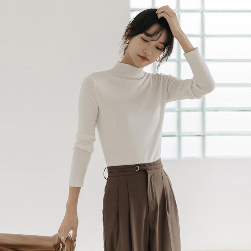 Fall Winter Half Turtleneck Sweater Slim Top Long Sleeves Solid Color Bottoming Sweater