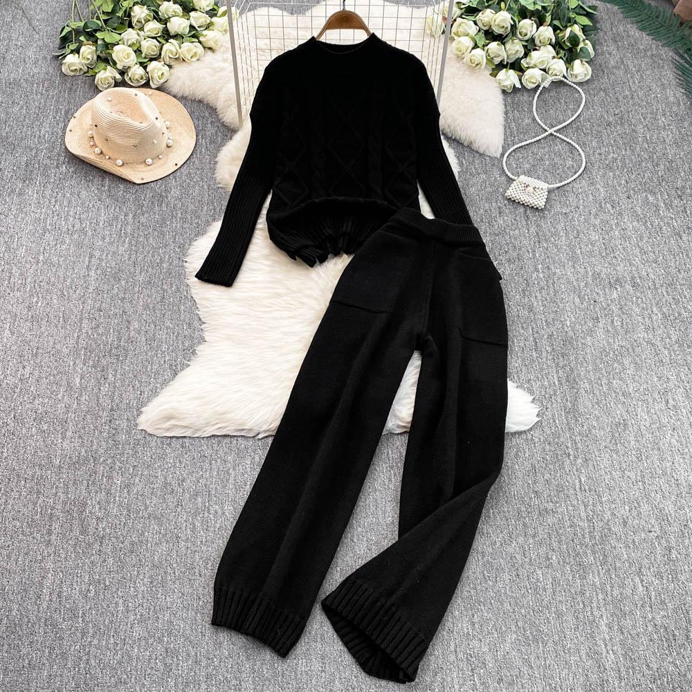 

Новый свободный трикотажный свитер из жареного теста, женский зимний костюм из двух предметов с высокой талией, облегающие прямые широкие брюки one size чёрный