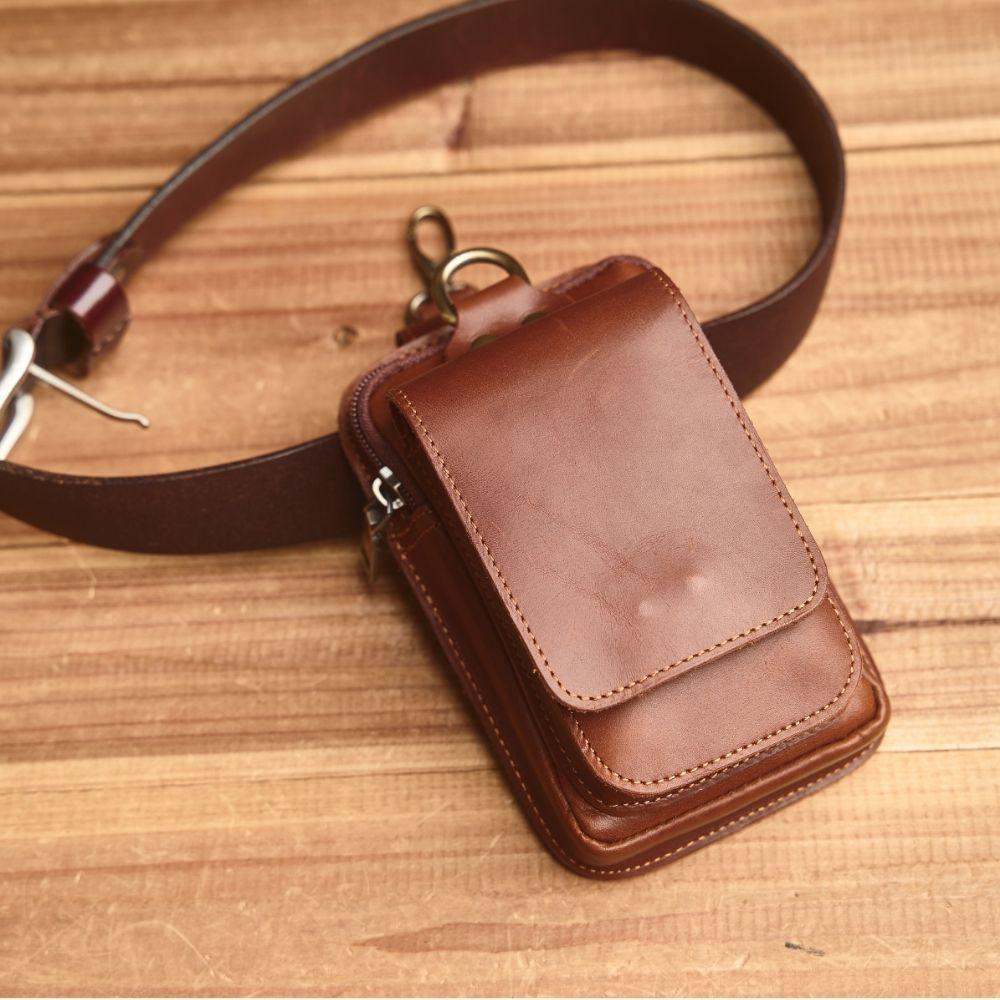 Men's Leather Waist Bag Trendy Men's Outdoor Sports Top Layer Cowhide Leather Bag Crazy Horse Leather Multifunctional Hanging Belt Mobile Phone Bag