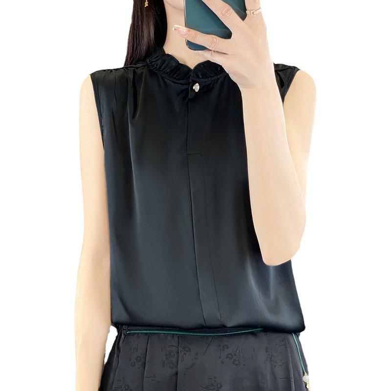 Women's Satin Sleeveless Tank Top with Lace Ruffle Stand Collar
