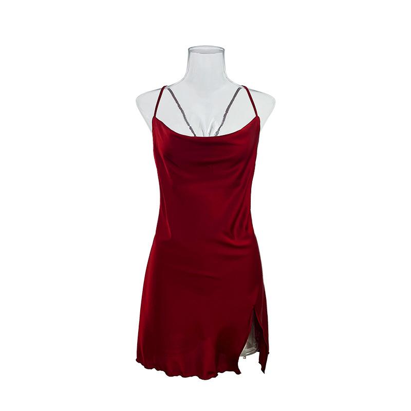 Feiyun brand solid color satin sex suspender nightdress sexy charming swing neck split pajamas, women's loungewear 111