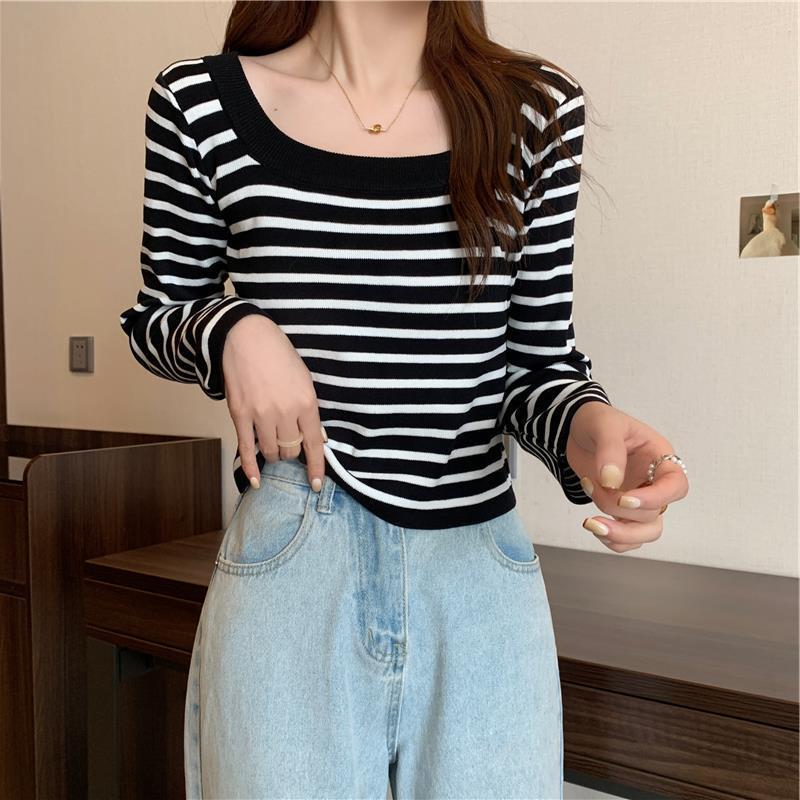 Knitted sweater women's new autumn exposed collarbone striped chic gentle long-sleeved sweater with bottoming shirt top