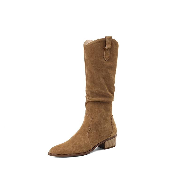 Krazing Pot Cow Suede Winter Round Toe Thick Med Heels Modern Boots Women Zipper Pleated Decoration Thigh High Boots