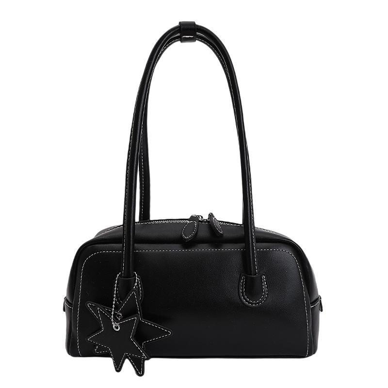 

Fashion Solid Color Aesthetic Design Women PU Leather Shoulder Bag Cute Star Pendant Elegant Bowling Bag Tote Handbag Purse чёрный