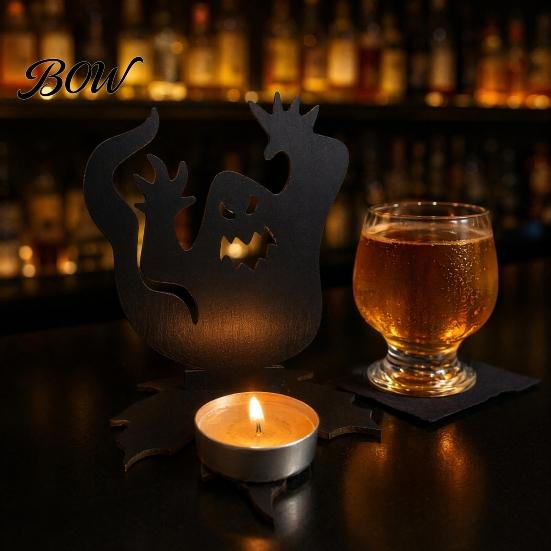 Wear Resistant Black Holder Halloween Ghost Candle Holder, Solid Wood Tea Light Stand, Maple Leaf Hollow Silhouette Shadow Base Candlestick,