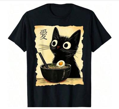 Funny Cat Ramen Graphic Tee Japanese Kawaii Anime Cat T-Shirt