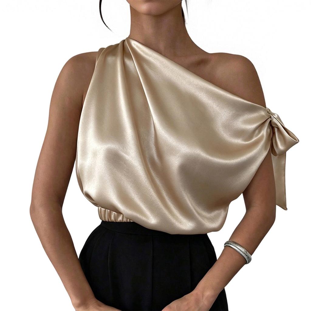 Satin Asymmetric One Shoulder Blouse for Women with Off Shoulder Elegant Top Shirt