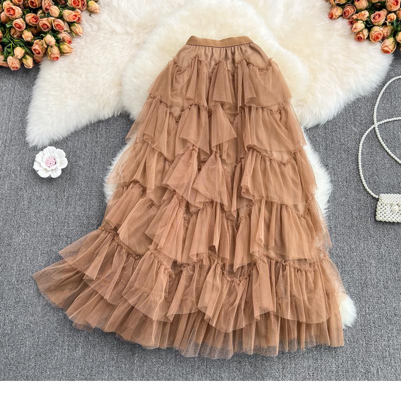Long Skirts Womens Spring Korean Solid A Line High Waist Mesh Tiered Maxi Skirt Female