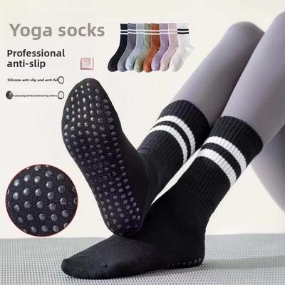 Ponožky na jar, jeseň a zimu pre šport, vysoké ponožky na jogu, priedušné na fitness, protišmykové, dvojpruhové ponožky na jogu s lepidlom protišmykové