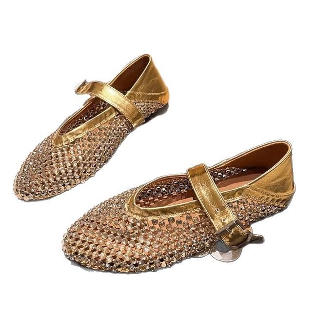 Soft leather version~ European rhinestones full of diamonds fishing nets hollowed out one word Mary Jane bag head flat sole single shoes bag head san