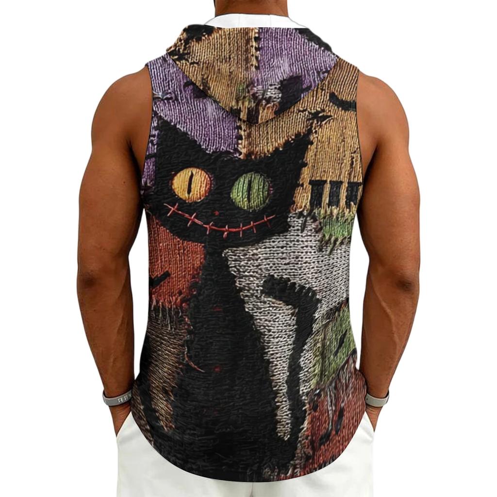 Men's Casual Sleeveless Hoodie with Drawstring Hood Halloween Themed Graphic Print Lightweight Pullover Vest for Everyday Wear