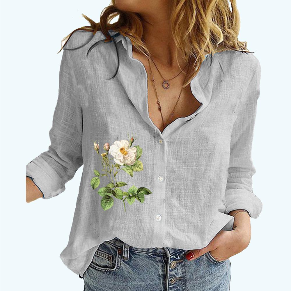 Damenmode Blumendruck Langarm T-Shirt Sommer&Herbst Lässige Baumwolle Leinen Top Weibliche Lose Geknöpfte Blusen