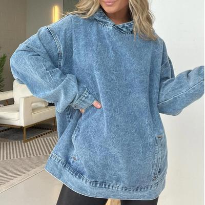 Denim Hoodie Damen Sweatshirt Pullover Kapuze Y2k Tops Distressed Washed Loose Spring Streetwear