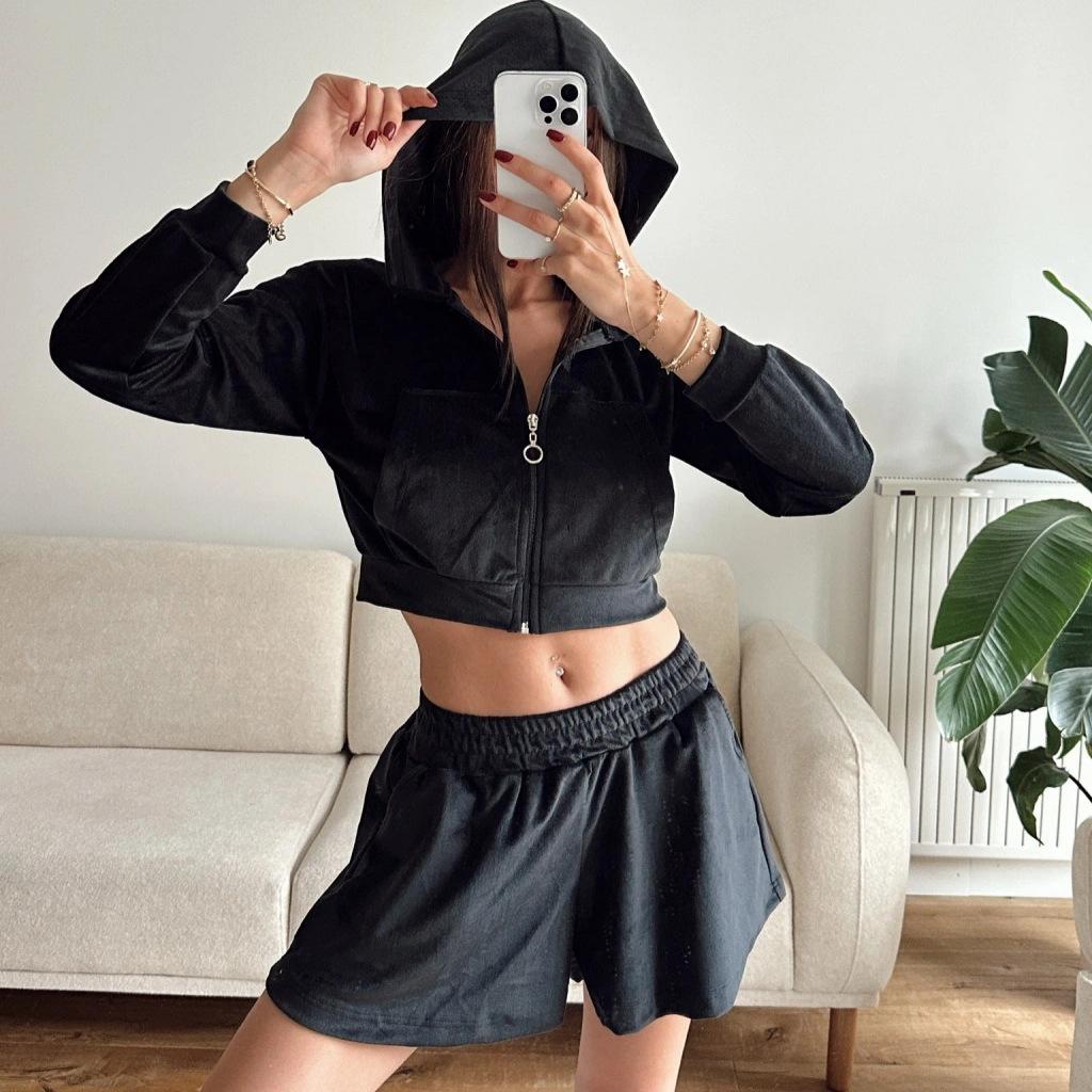 Casual European and American Women's Suit Long-sleeved Zipper Hooded Cardigan Loungewear Sports Elastic Shorts Two-piece Set