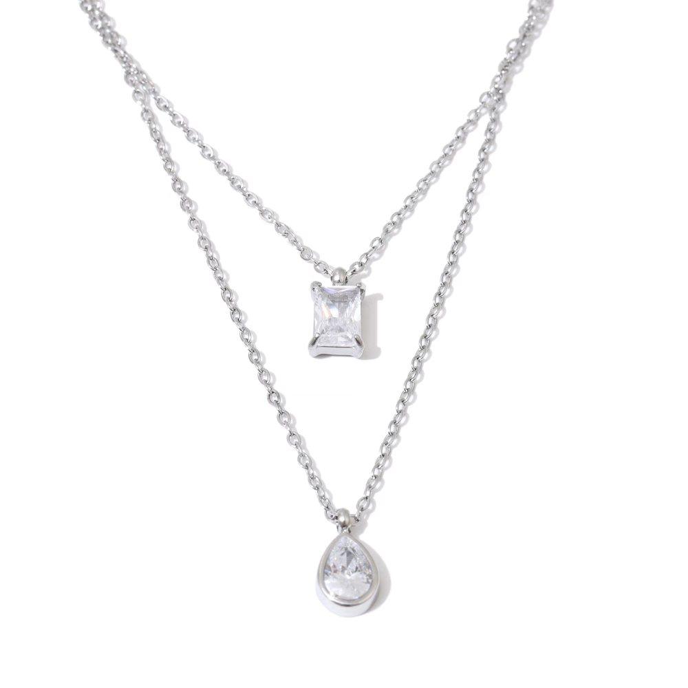 

Yhpup Classic Stainless Steel Bling Cubic Zirconia Water Drop Double Layer Stacking Korean Necklace Pendant Chic Popular Jewelry