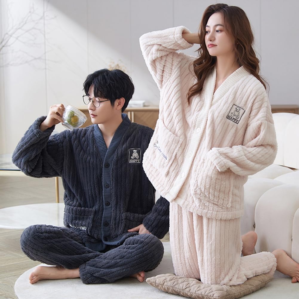 Winter Pajama Fluffy Top and Chill Wedding Unisex D.IIZOO Couple's Set, Bottoms, Open-Front, Thick, Autumn/Winter Loungewear, Protection, Gift, (Size