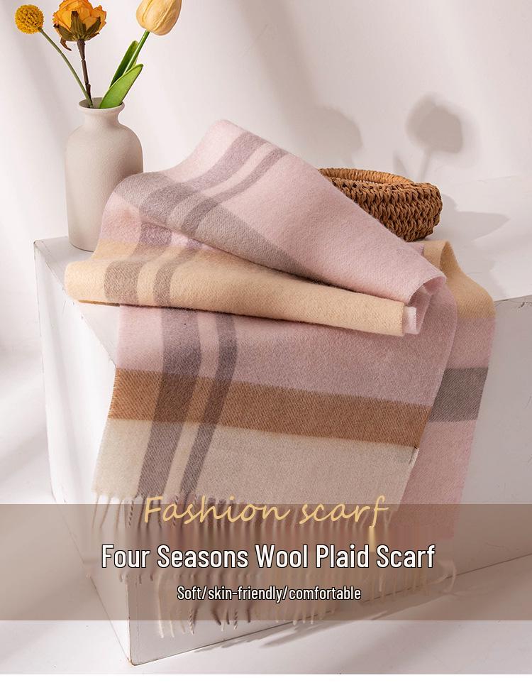 Elegant Plaid Wool Scarf with Tassels for Women - 2025 Autumn Collection