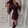 Vintage Dark Floral Chiffon Dress Women's Deep V-Neck Long Sheer Bell Sleeve Dress with Ruffle Hem Slim Fit Mini Dress Casual Wear Romantic Occasions