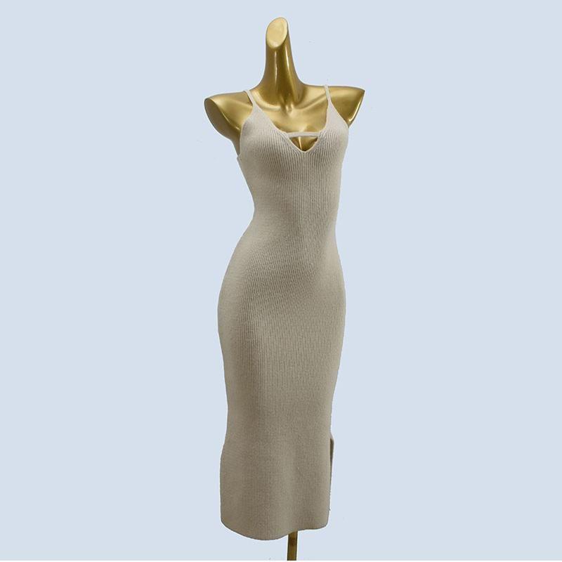 Thick Inner Wear Solid Clavicle Beauty Thin Sling Simple V Original Single Tight Backless Split Knitted Dress