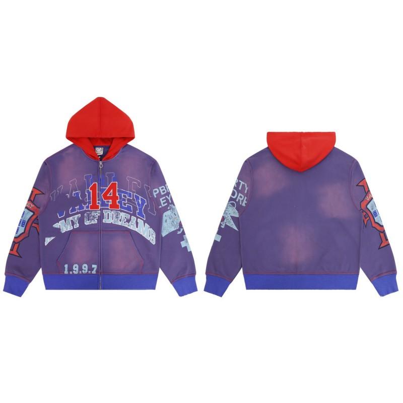 Mens Oversized Washed Cotton Hooded Zip-Up Sweatshirt With Contrast Zipper Patch Pockets