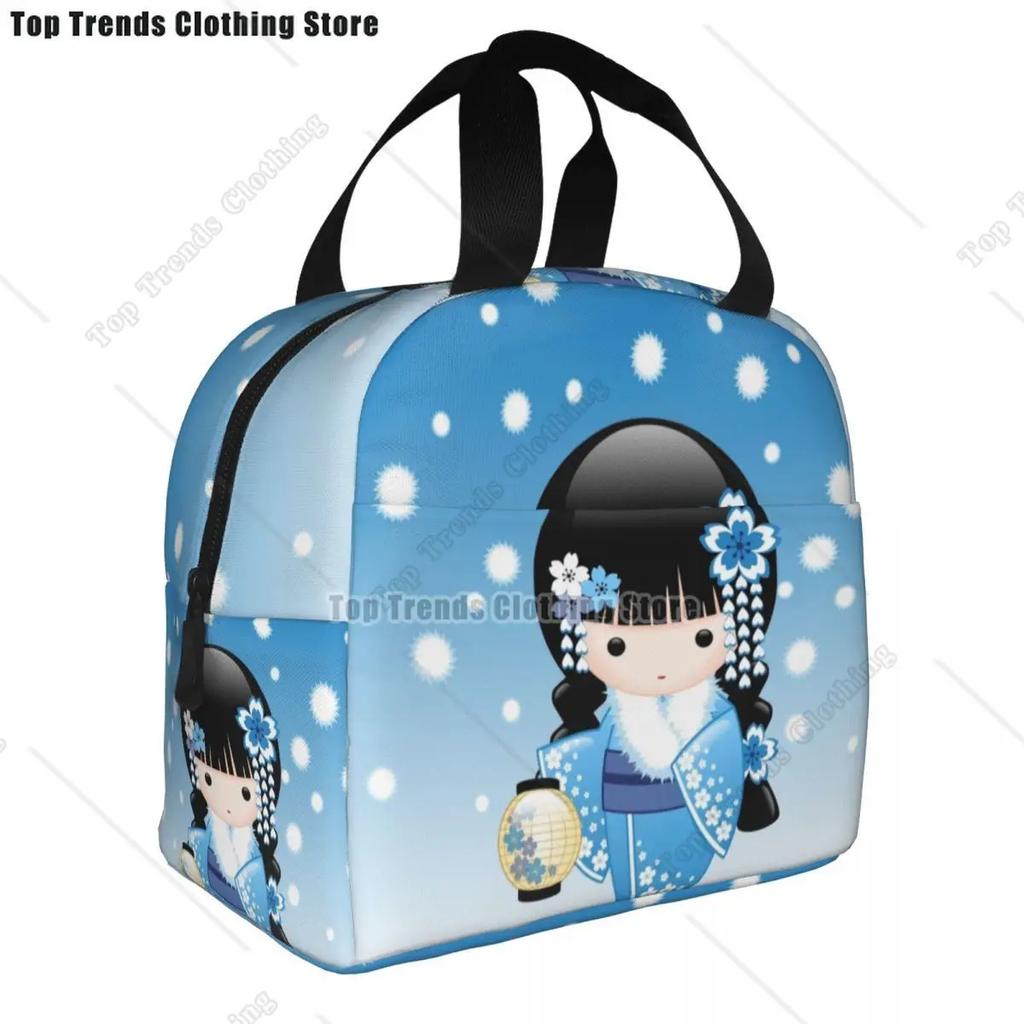 Japanese Keiko Kokeshi Doll Insulated Lunch Bag Cute Design Kimono Geisha Dolls Girls Cooler Thermal Bento Box Lunch Boxes