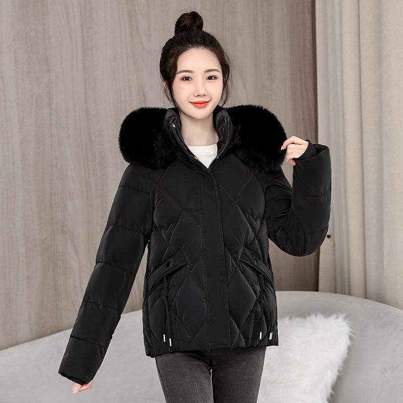2025 Winter Wear New Down Cotton Jacket Slim Fit Hooded Big Fur Collar Student Cotton Jacket Women's Cropped Padded Jacket Thickened Jacket