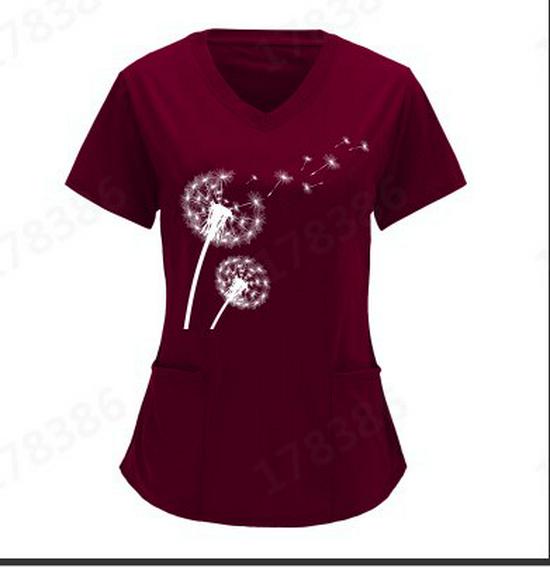 European and American Nurse Caregiver V-Neck Print Shirt with Large Pocket, Short Sleeve T-shirt for Women