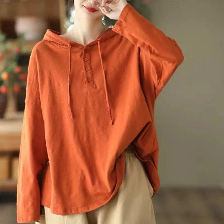 

Винтажные женские футболки с капюшоном, с длинным рукавом, из смеси хлопка, повседневные, свободные, на пуговицах, однотонные, весенняя мода, Johnature L оранжевый