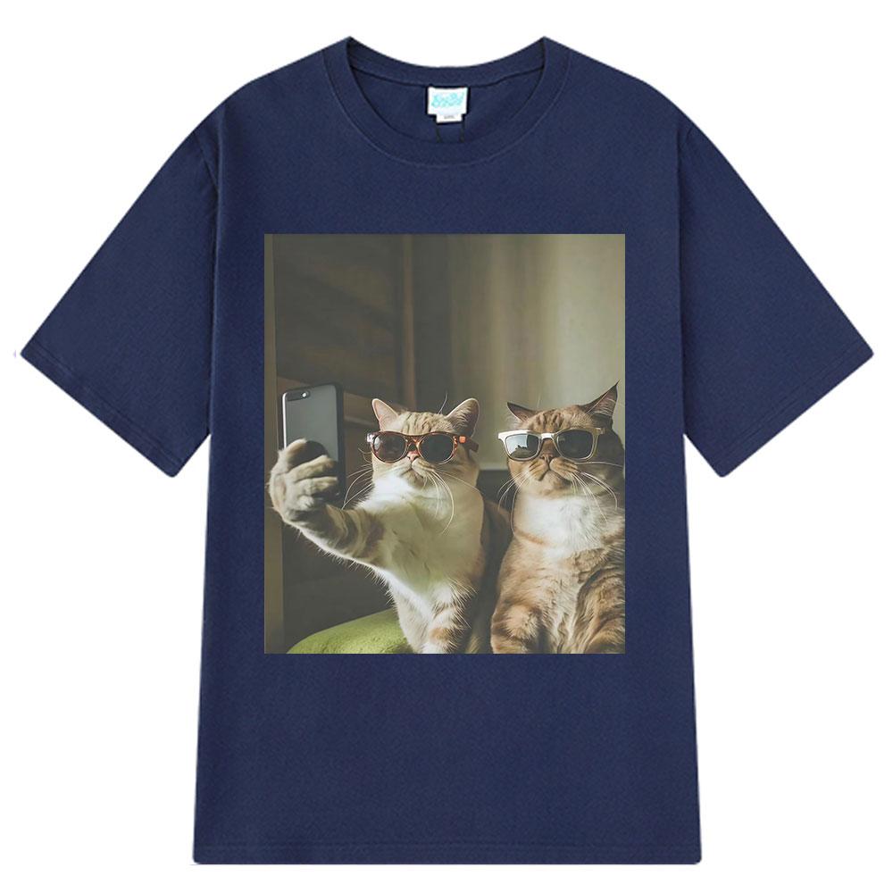 2026 Summer Cotton Tee Selfie Cool Cats Funny Meme Graphic Unisex Women Plus Size Loose Casual Hip Hop Streetwear Breathable Top
